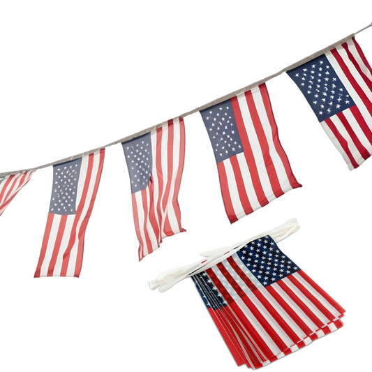 A string of American flag pennant streamers with red, white, and blue colors.