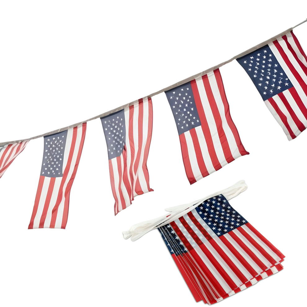 A string of American flag pennant streamers with red, white, and blue colors.