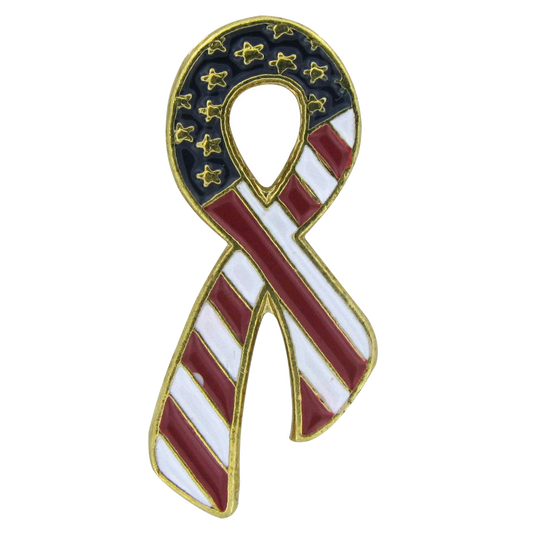 Ribbon-shaped pin with American flag design on a white background
