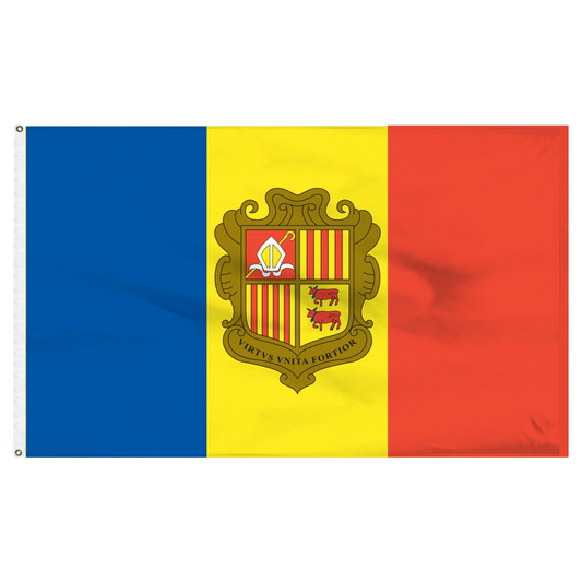 Flag of Andorra with blue, yellow, and red horizontal stripes featuring a central coat of arms.