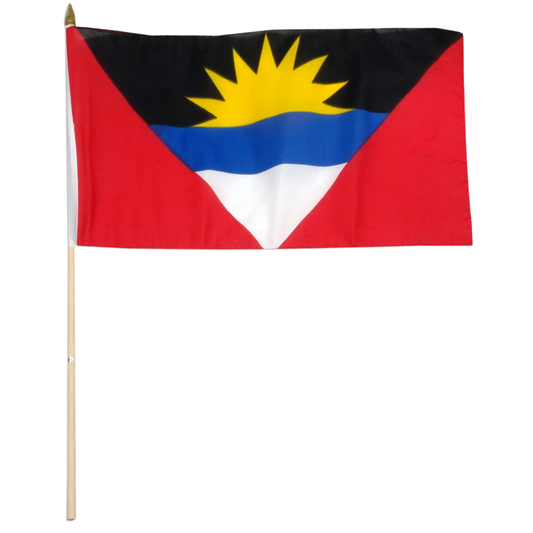 Antigua and Barbuda flag with black, red, yellow, blue, and white colors on a white background