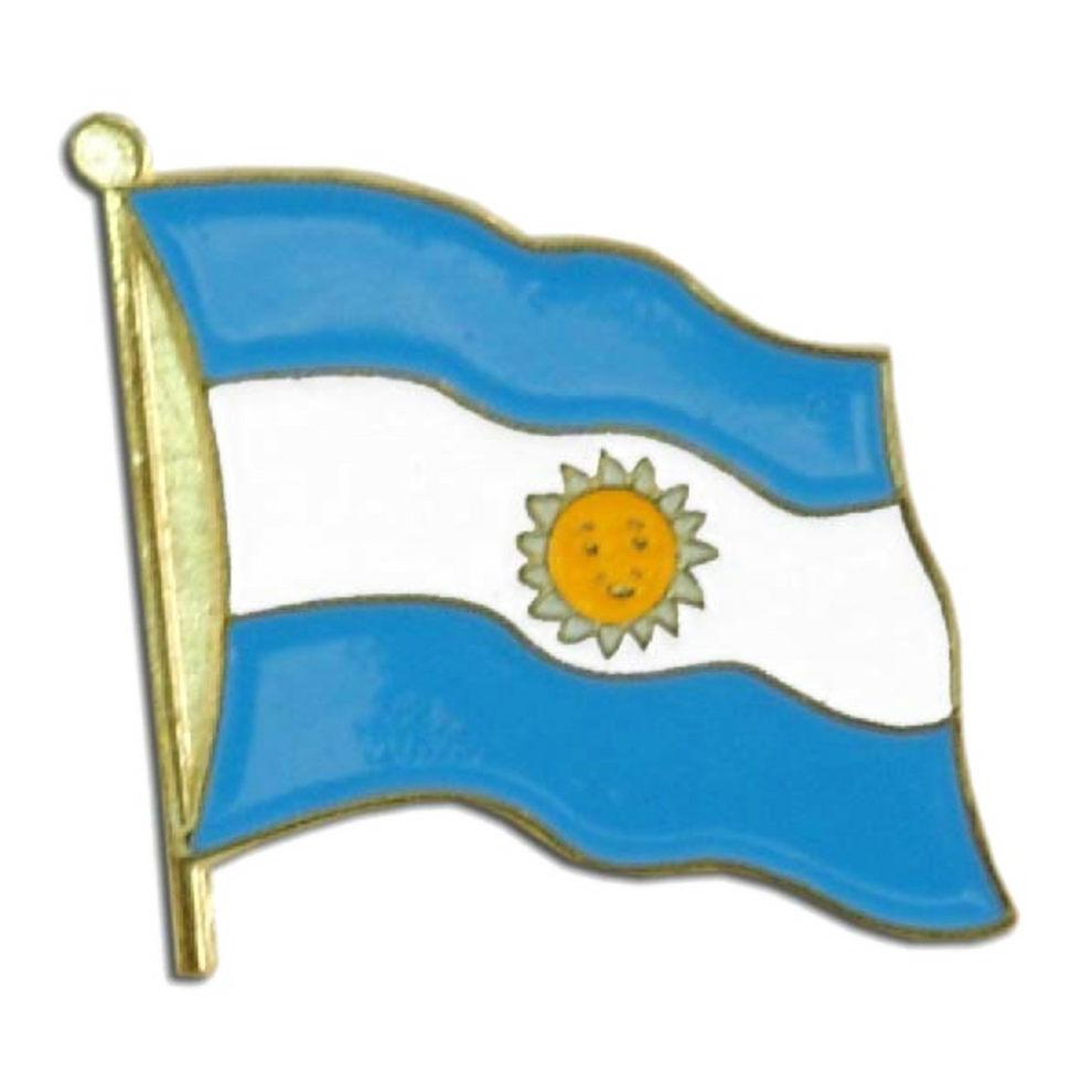 Pin with a design resembling the Argentine flag on a white background