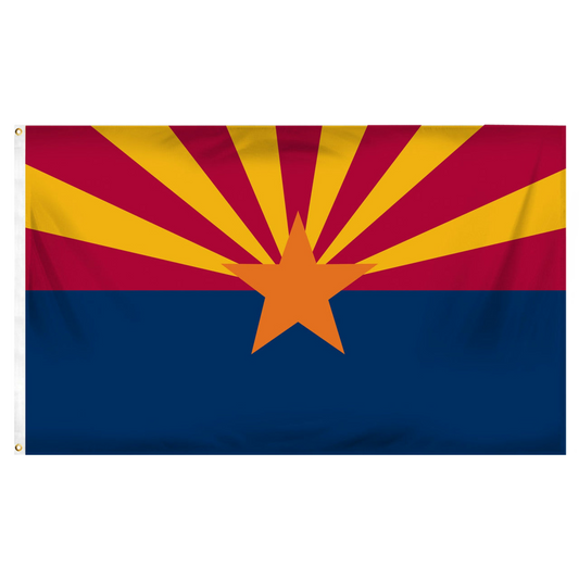 State of Arizona flag with a blue bottom half and red top flag with an orange star in the middle and 6 yellow stripes emanating from the star on the red top half.
