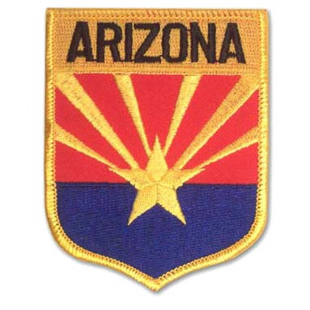 Arizona state flag patch with red, yellow, and blue design on a white background