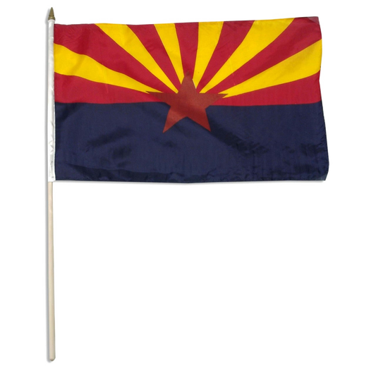 State of Arizona stick flag with a blue bottom half and red top flag with an orange star in the middle and 6 yellow stripes emanating from the star on the red top half.