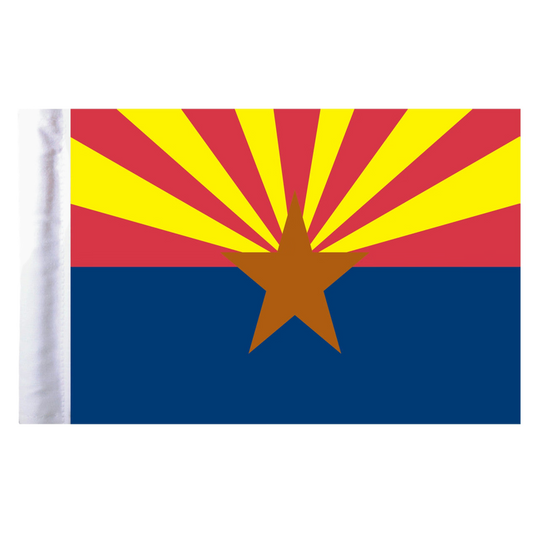 Arizona motorcycle flag with red and yellow horizontal stripes and a brown star on a blue background