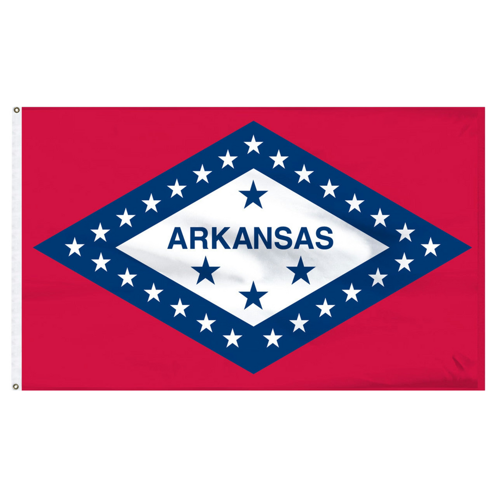 State of Arkansas flag with red background and a large horizontal diamonded outlined in blue with white stars and a white center with four blue stars and "Arkansas" text.
