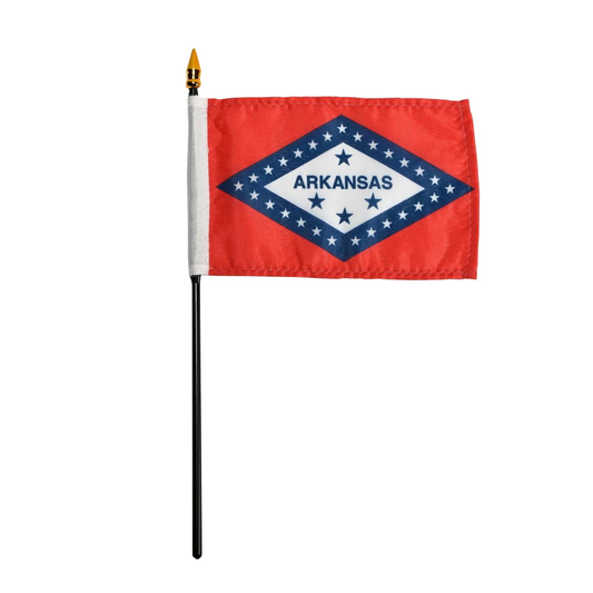 State of Arkansas stick flag with red background and a large horizontal diamonded outlined in blue with white stars and a white center with four blue stars and text "Arkansas"