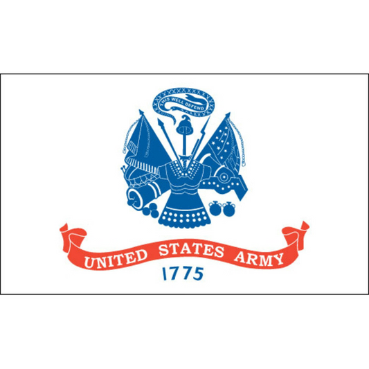 United States Army flag with a blue central emblem, a red ribbon reading UNITED STATES ARMY, and the year 1775 on a white field.