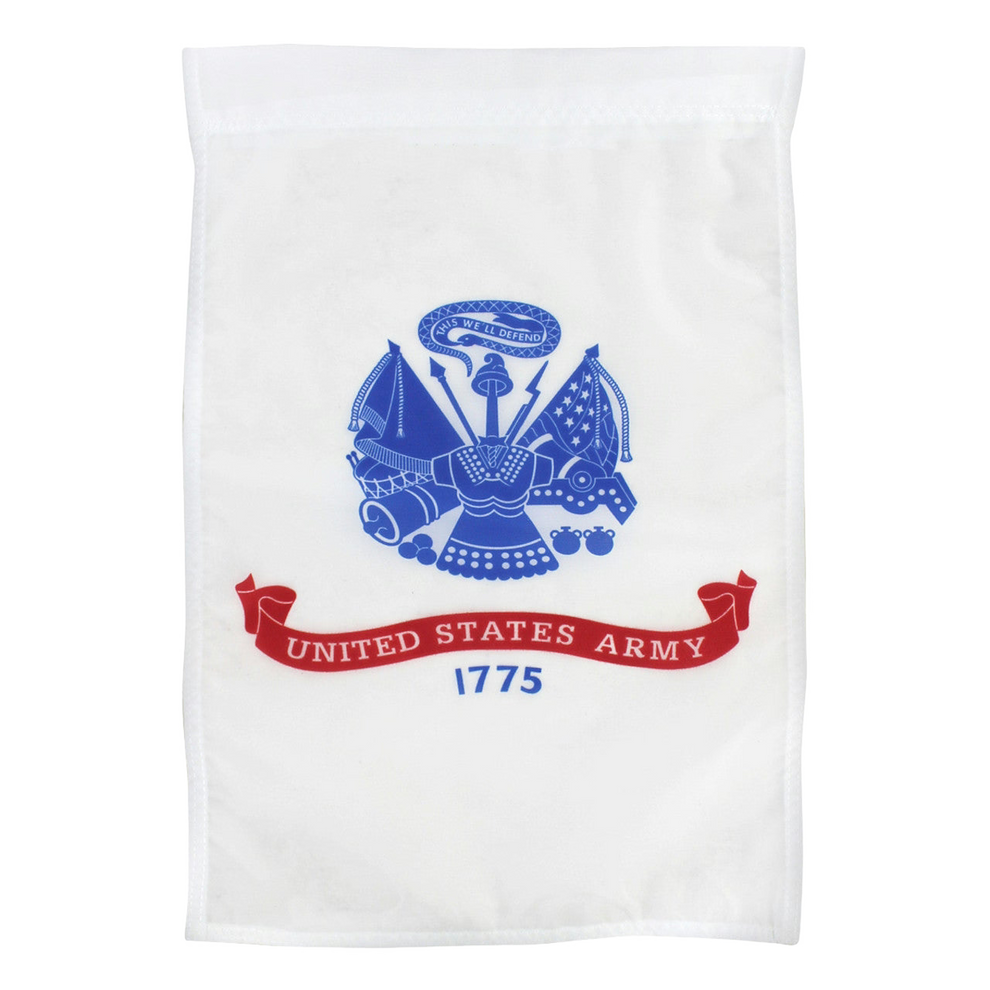White flag with blue and red United States Army emblem on a white background