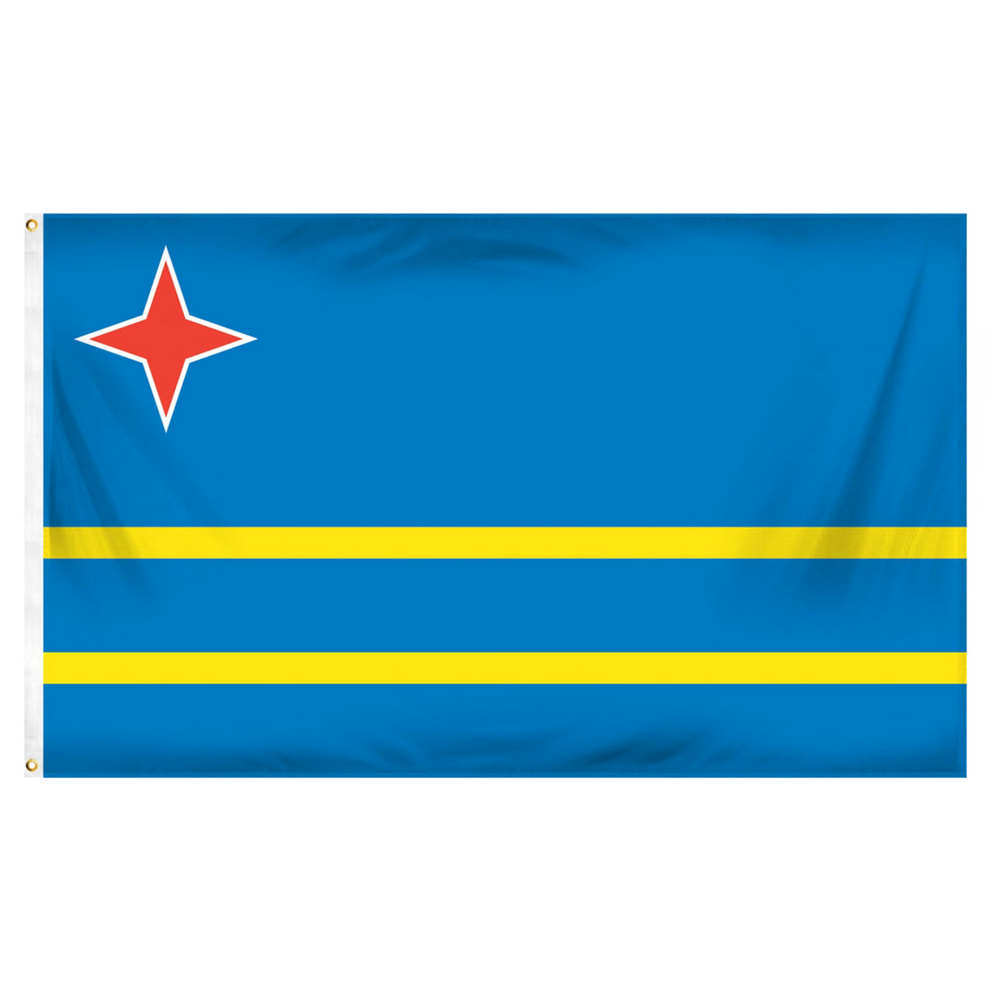 Aruba flag with a red star on a blue background and a yellow stripe
