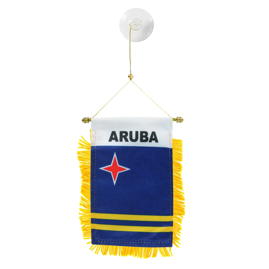 Hanging Aruba flag with star emblem on a white background