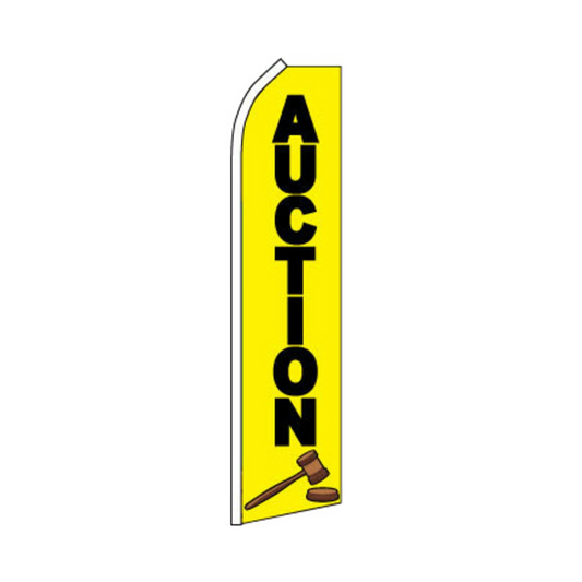 Yellow swooper flag with 'AUCTION' text and a gavel icon on a white background