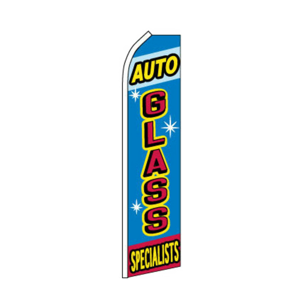 Swooper flag with 'Auto Glass Specialists' text on a blue background