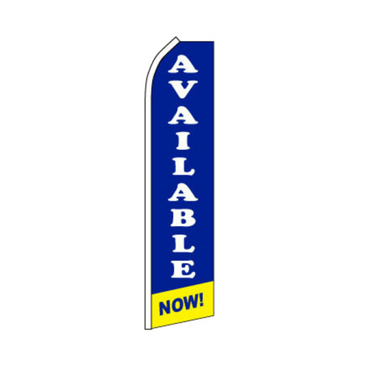 Blue swooper flag with 'AVAILABLE NOW!' text on a white background