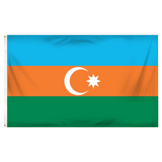 Azerbaijan flag with blue, orange, and green horizontal stripes featuring a white crescent and star.