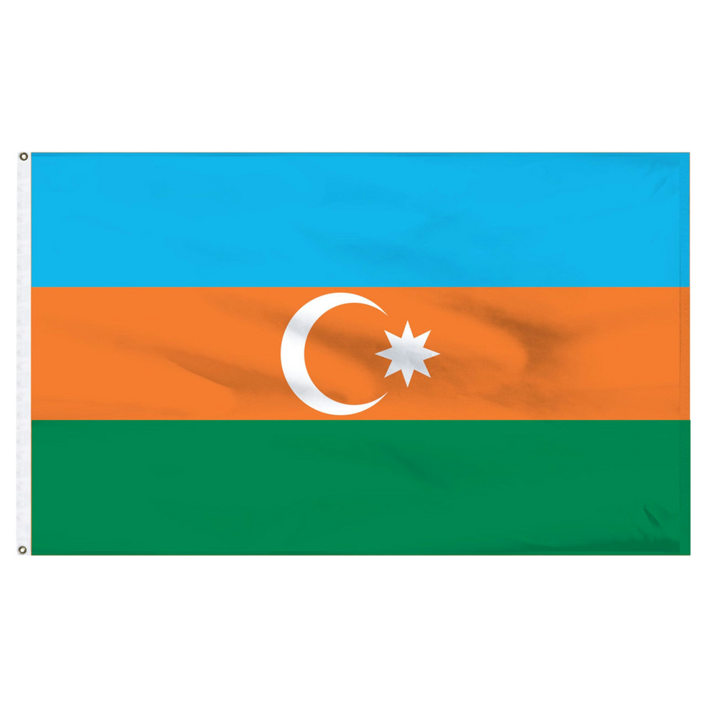 Azerbaijan flag with blue, orange, and green horizontal stripes featuring a white crescent and star.