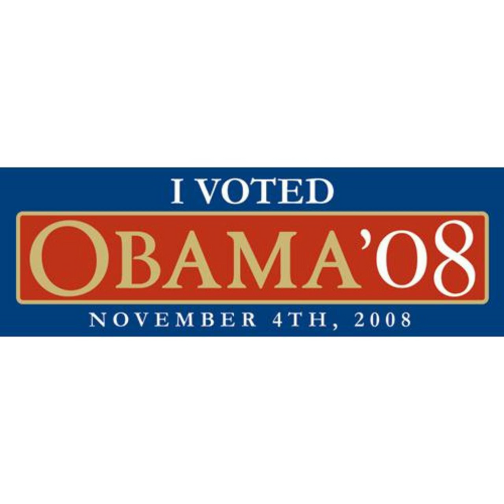 Electoral sticker for Obama in 2008 with 'I Voted' text on a blue background