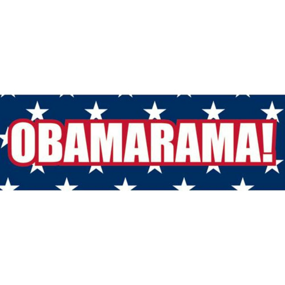Decorative banner with 'OBAMARAMA!' text and stars on a blue background