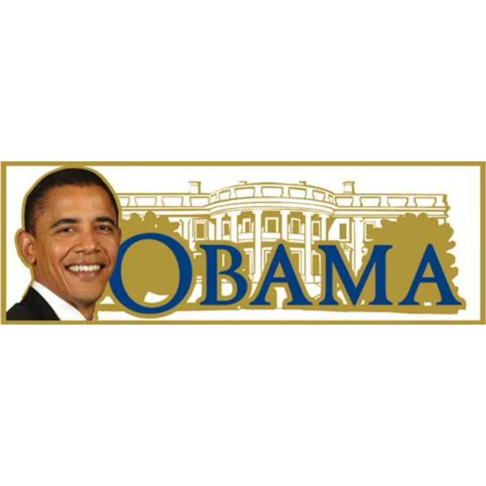 Obama sticker with the White House in the background