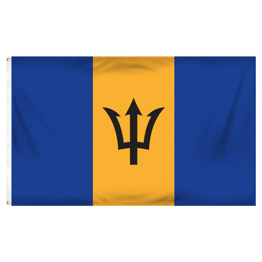 Flag of Barbados with blue and yellow stripes and a black trident symbol on a white background