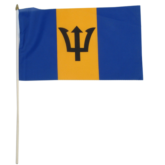Flag of Barbados with blue and yellow stripes and a black trident symbol on a white background