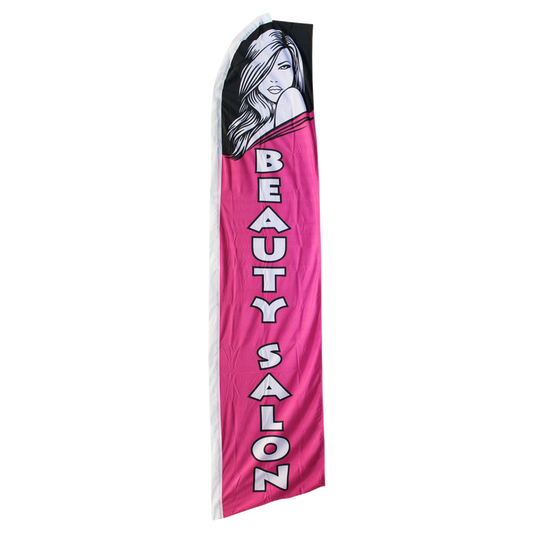 Pink feather flag with 'Beauty Salon' text and a woman's face on a white background