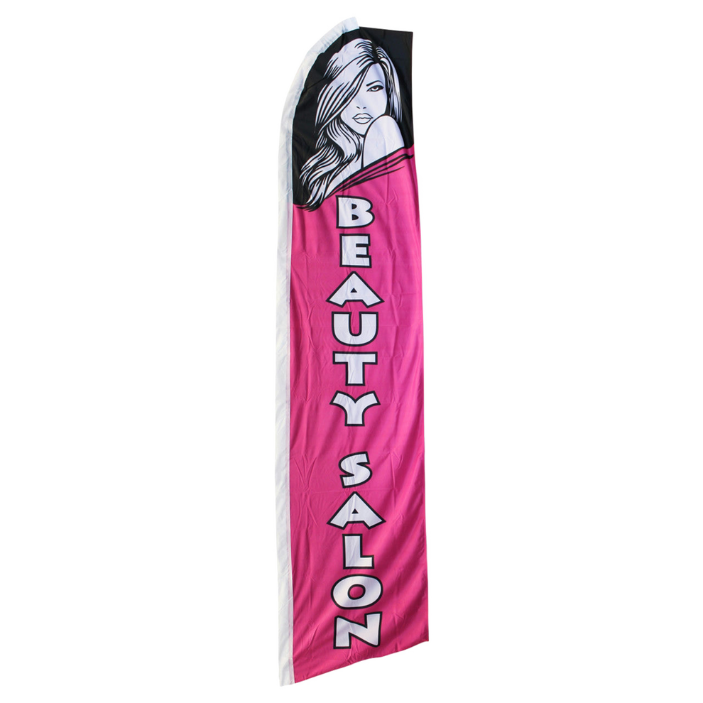 Pink feather flag with 'Beauty Salon' text and a woman's face on a white background