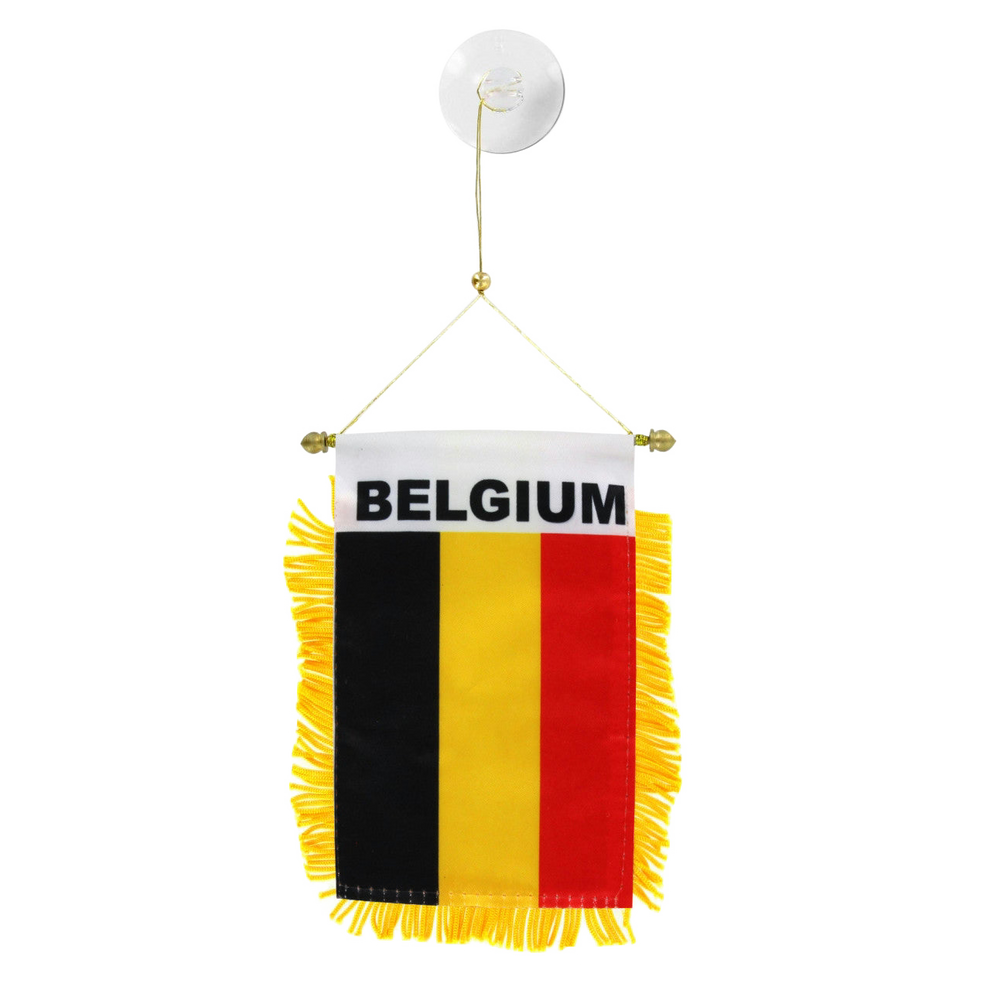 Belgian flag with 'BELGIUM' text on a white background