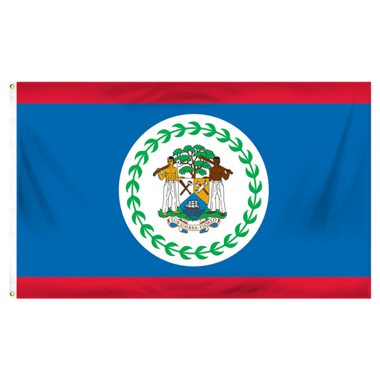 Belize flag with a central emblem on a blue and red background