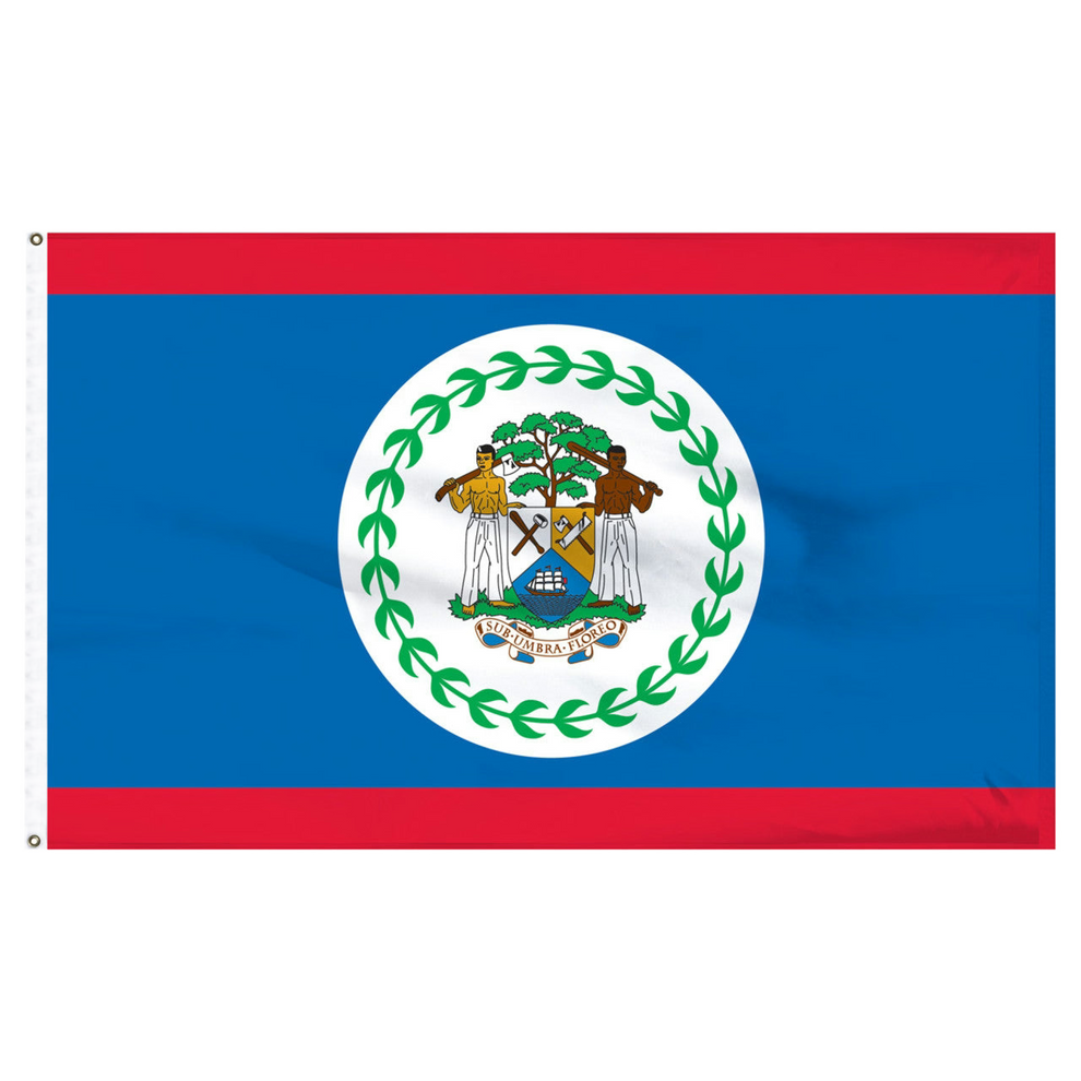 Belize national flag with a central emblem and red and blue stripes on a white background