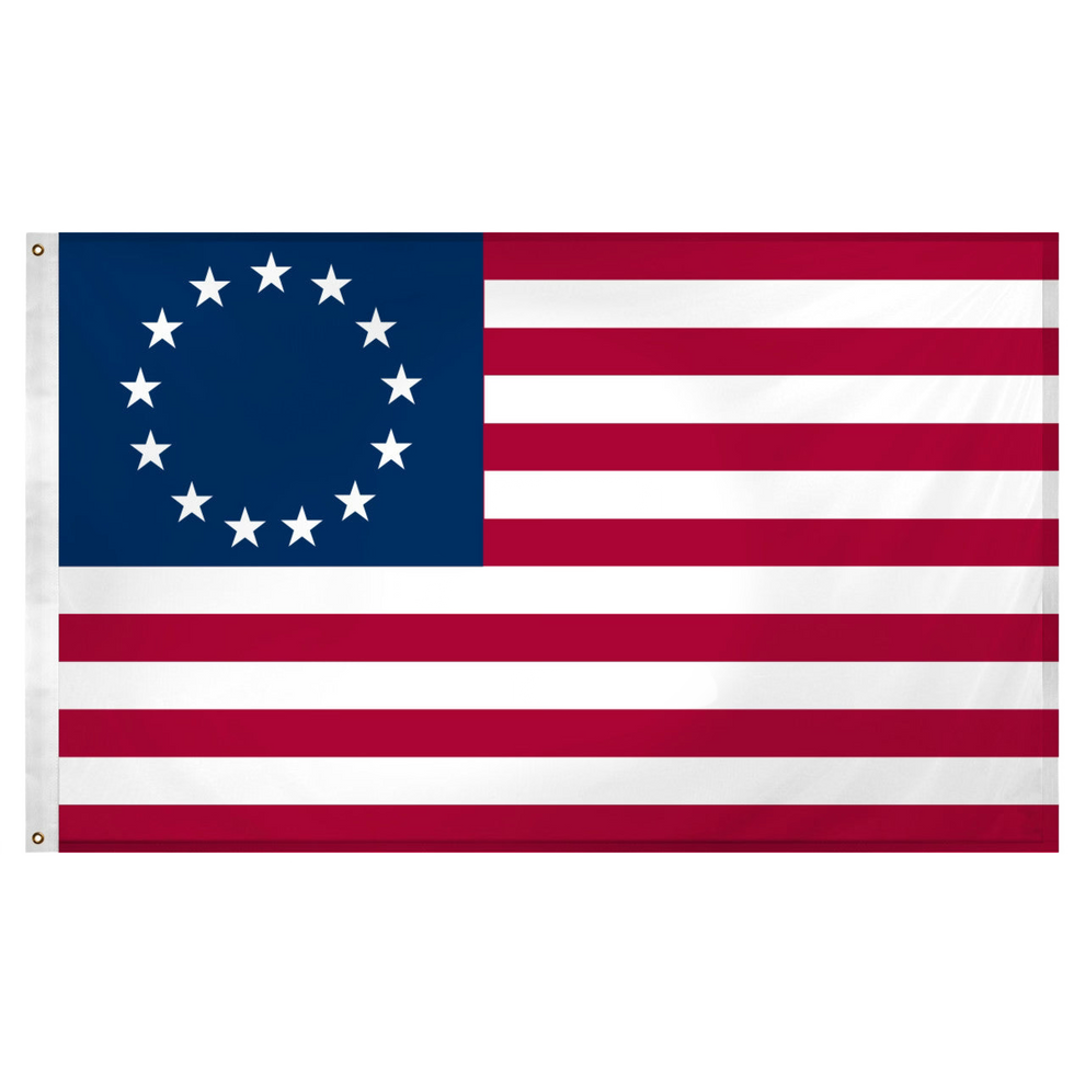 Betsy Ross style American flag with 13 white stars arranged in a circle on a dark blue canton, alongside 13 red and white horizontal stripes, shown flat against a white background.