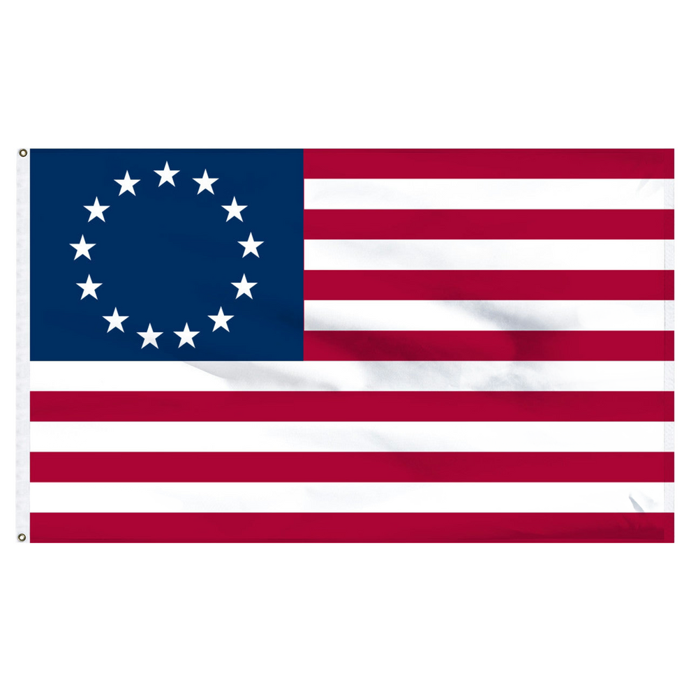 Betsy Ross Americna flag with blue canton and red and white stripes, featuring a circular star pattern.