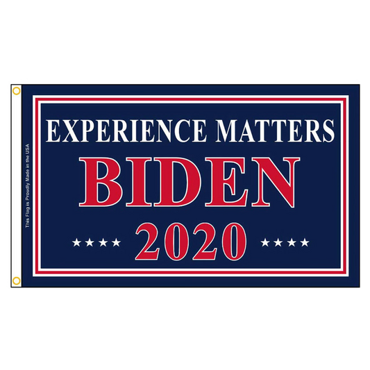 Political campaign flag for Biden 2020 with 'Experience Matters' text on a blue background.
