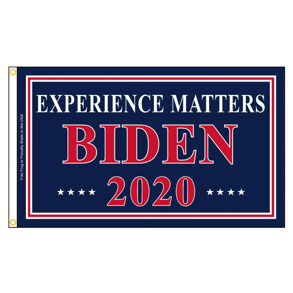 Political campaign flag for Biden 2020 with 'Experience Matters' text on a blue background.