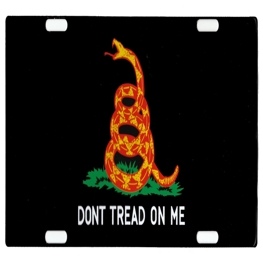 License plate with a red snake and 'Don't Tread on Me' text on a black background