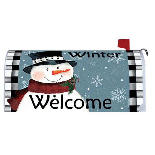 Mailbox cover with a snowman design featuring the text 'Winter Welcome' on a blue background.