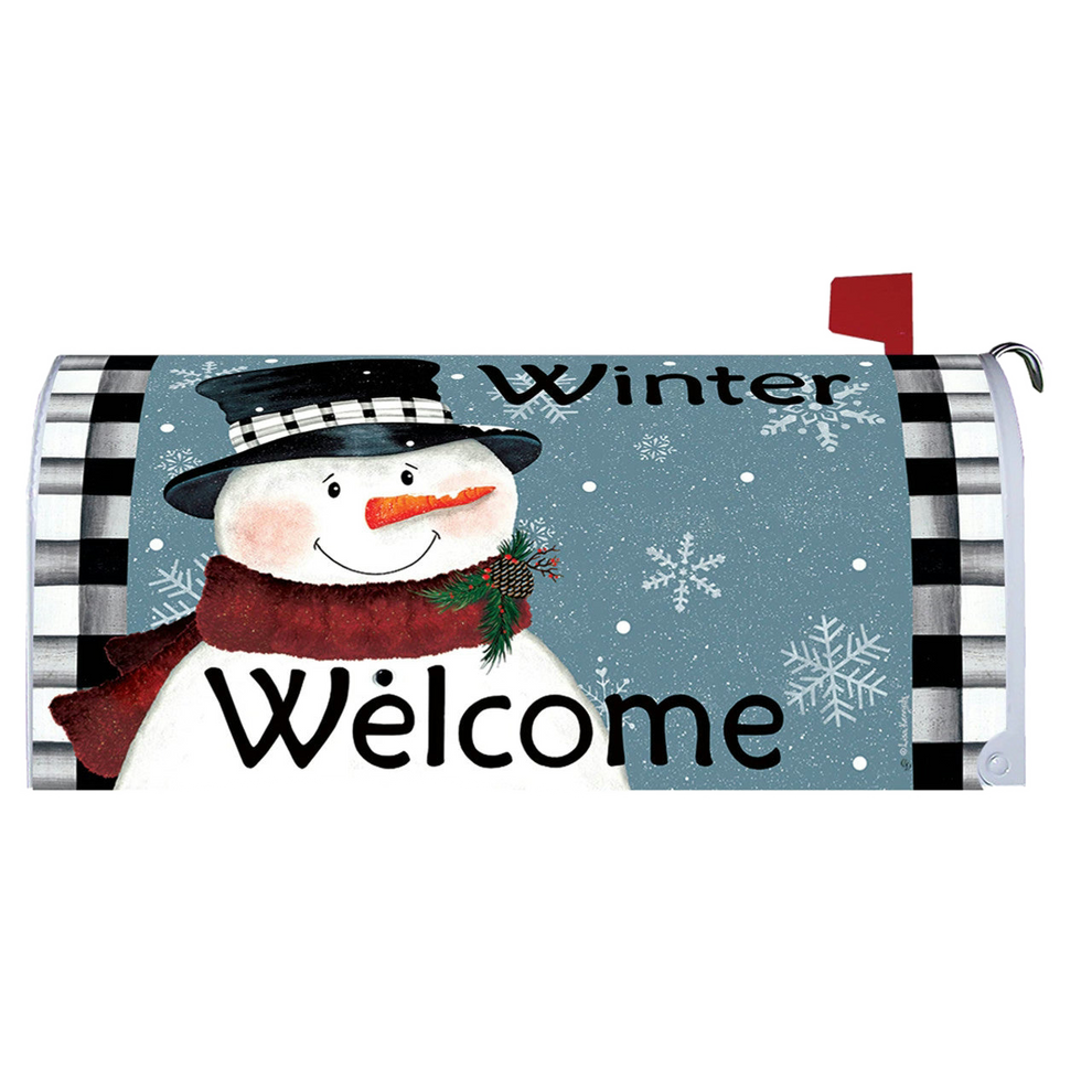 Mailbox cover with a snowman design featuring the text 'Winter Welcome' on a blue background.