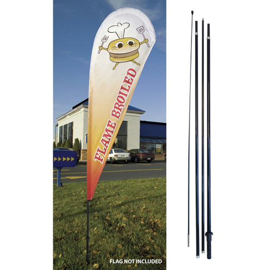 Flame Broiled feather flag with a cartoon burger mascot, plus black pole components.