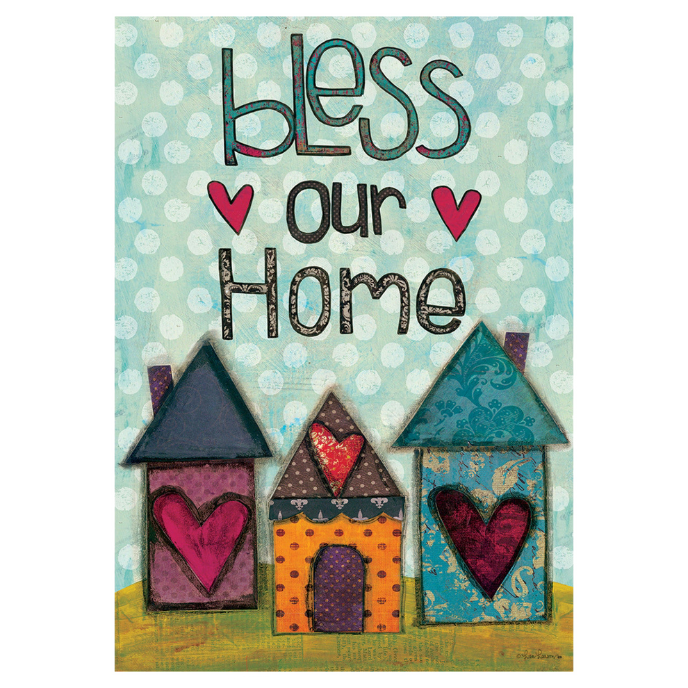 Decorative garden flag with colorful houses and hearts on a polka dot background, featuring the text 'Bless our Home'.