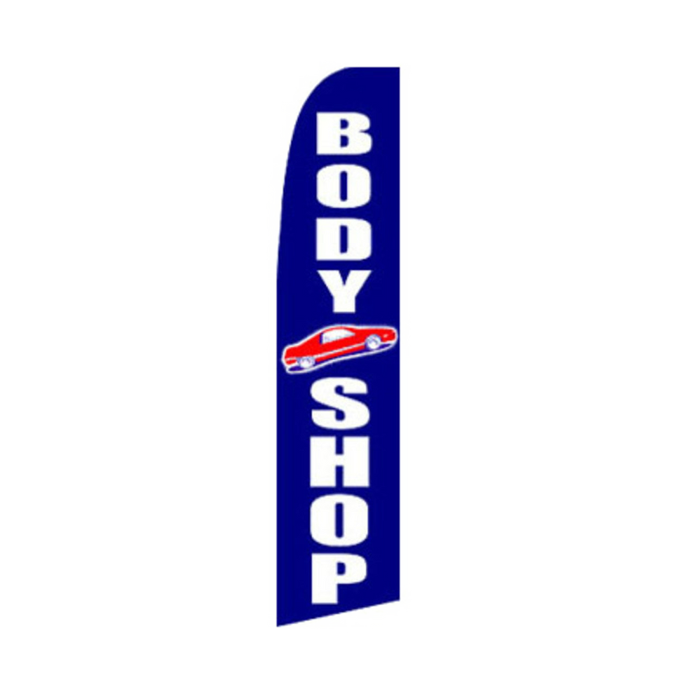 Body Shop feather flag with blue background and red car icon.