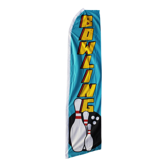 Swooper flag with 'Bowling' text and bowling pin graphics on a blue background