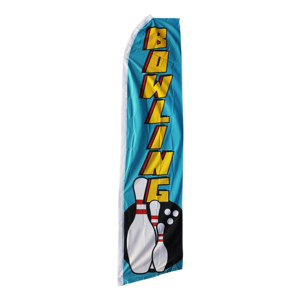 Swooper flag with 'Bowling' text and bowling pin graphics on a blue background