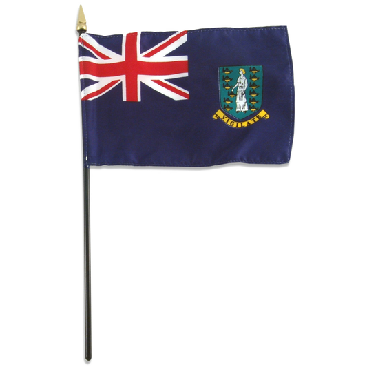 Small British Virgin Islands stick flag with Union Jack and coat of arms on a white background