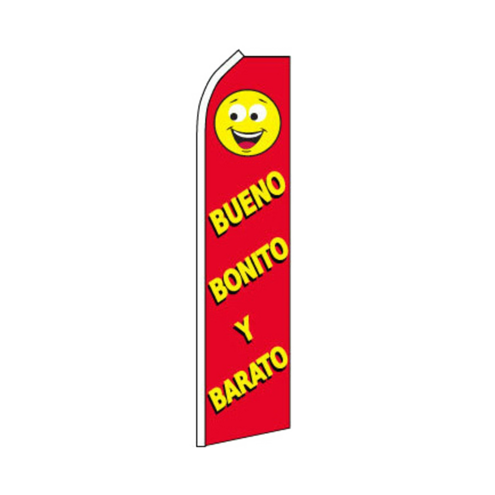 Red swooper flag with yellow smiley face and text on a white background