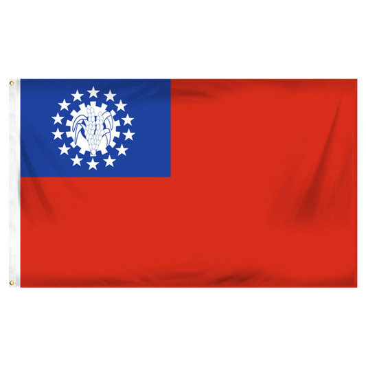 Burma flag with blue and red design featuring a white emblem and stars on a white background