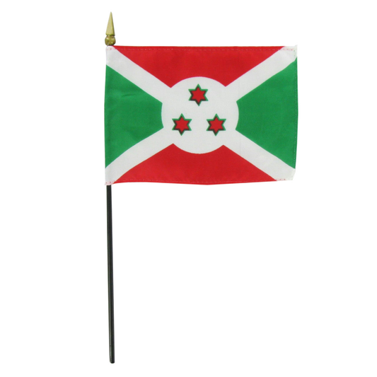 Flag of Burundi with red, green, and white colors and three red stars with green outlines.  Flag is on a white background