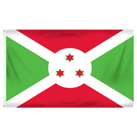 Flag of Burundi with red, green, and white colors and three red stars with green outlines.  Flag is on a white background