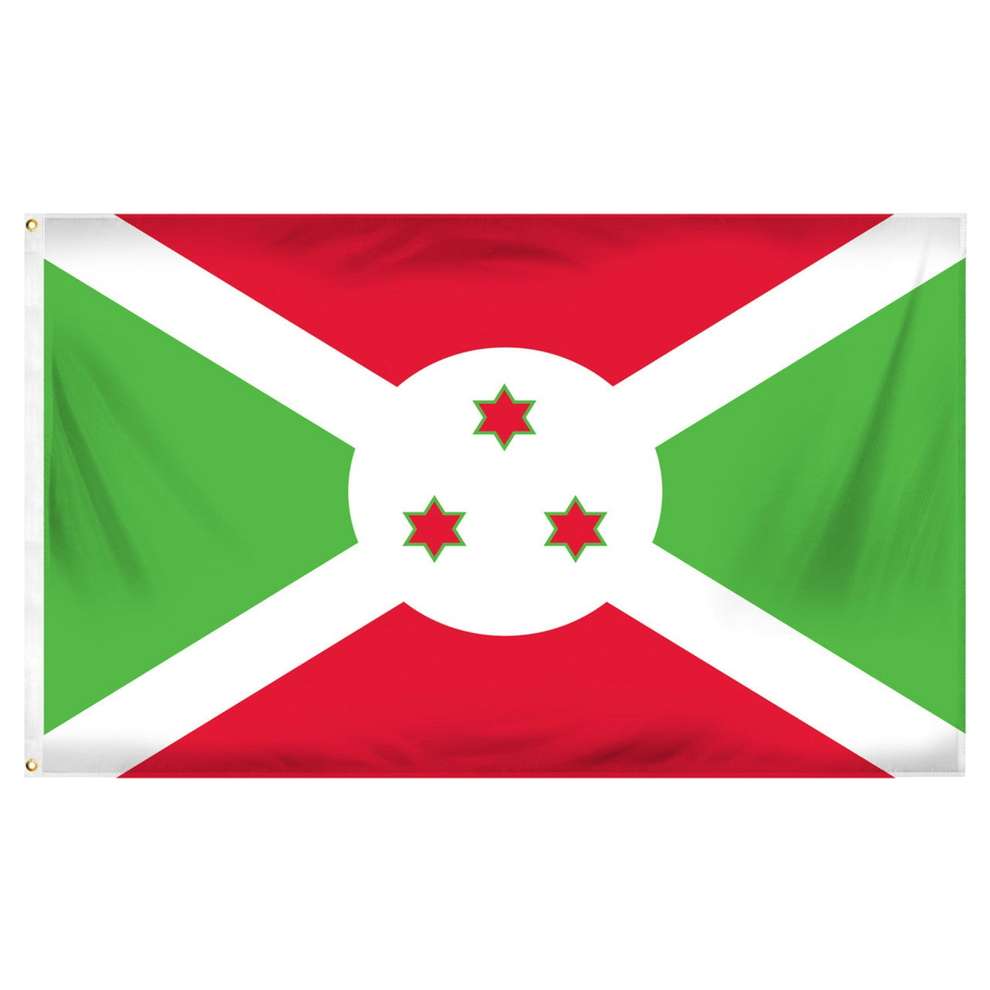 Flag of Burundi with red, green, and white colors and three red stars with green outlines.  Flag is on a white background