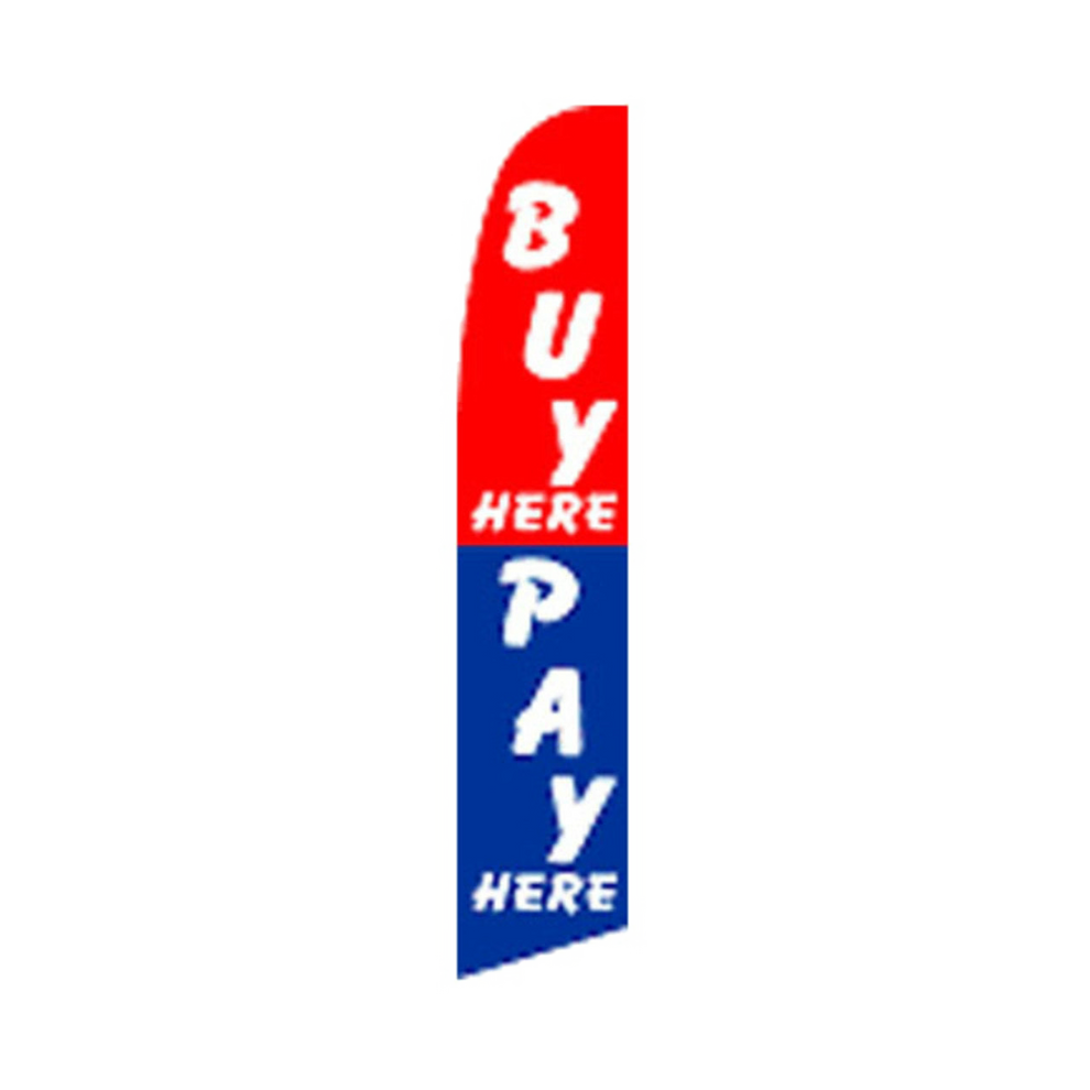 Red and blue feather flag with 'Buy Here Pay Here' text on a white background